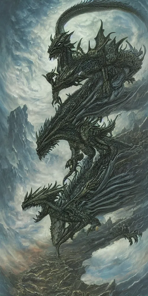 Image similar to an alien dragon demigod descending from outer space to consume the earth, by dan seagrave art