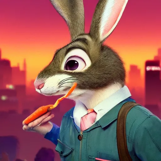 Prompt: portrait of a incredibly cute bunny, eating a carrot, zootopia, cgi, blade runner, cyberpunk background, trending on artstation