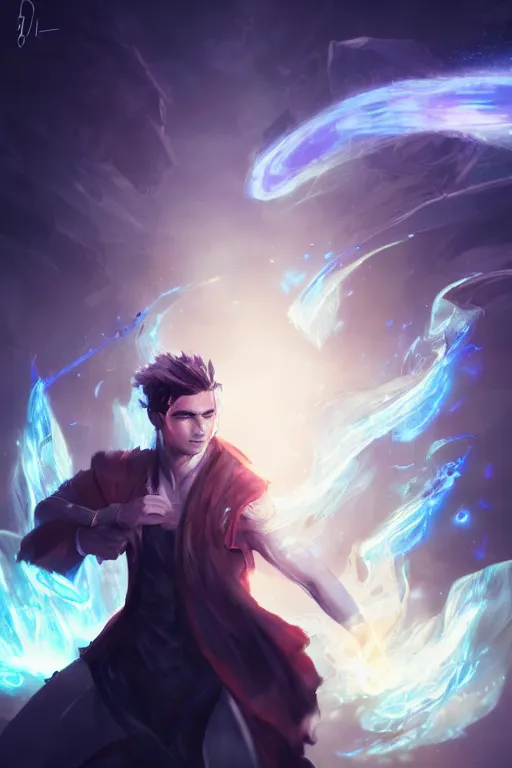 Image similar to a human elemental sorcerer, blurred environment background, epic magic effects, white skin, portrait, male, sharp focus, digital art, concept art, post processed, dynamic lighting, by emylie boivin and rossdraws