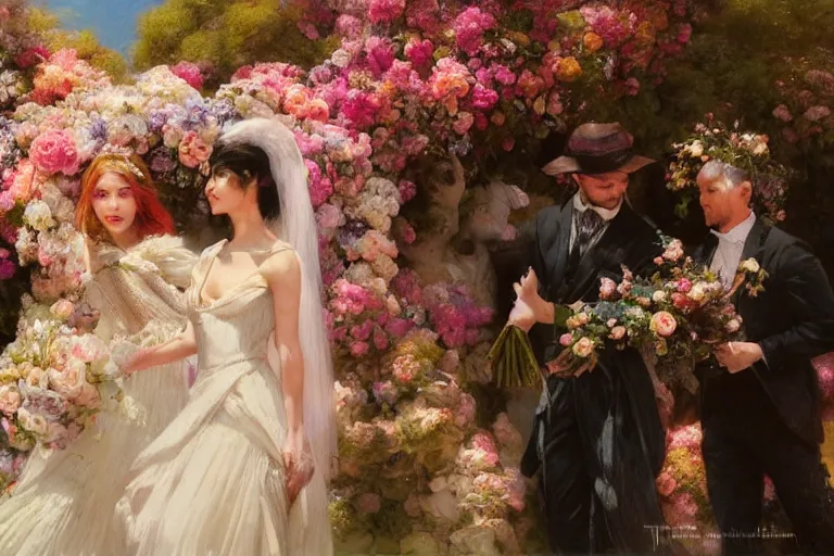 Image similar to the groom look at the bride at a wedding full of flowers, bright and happy, dreamlike art, highly detail, 4 k realistic, wedding photoy krenz cushart, artem demura, yoji shinkawa artgerm, jon lothian, danilo torres. adi meyers. thomas reimann. gaston bussiere.