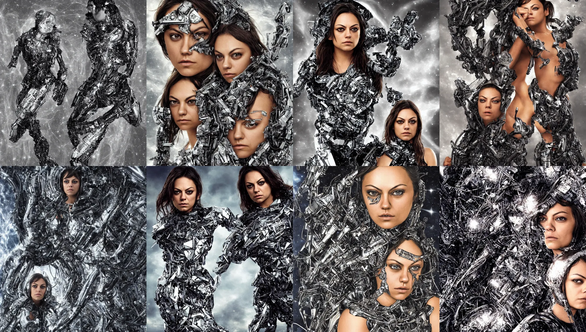 Prompt: opening of the universe's 1 0 th dimension unlocking gravity and momentum, mila kunis cyborg warrior, intricate