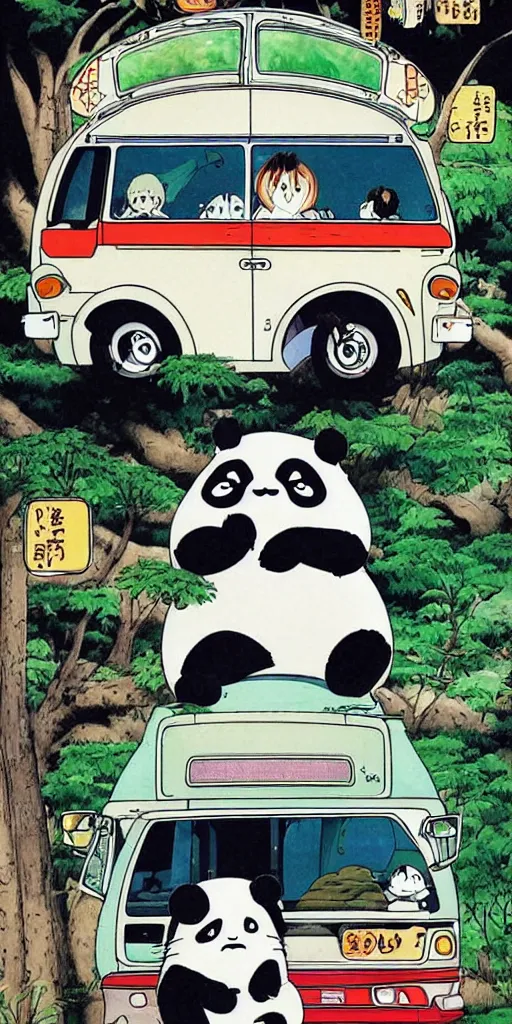 Image similar to a panda bus in japan like totoro, 1990s anime, full color, tarot card the chariot, highly detailed ,