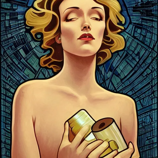 Image similar to a streamline moderne painting in the style of clyde caldwell, and in the style of charlie bowater, and in the style of alphonse mucha. symmetry, smooth, sharp focus, semi - realism, intricate detail.