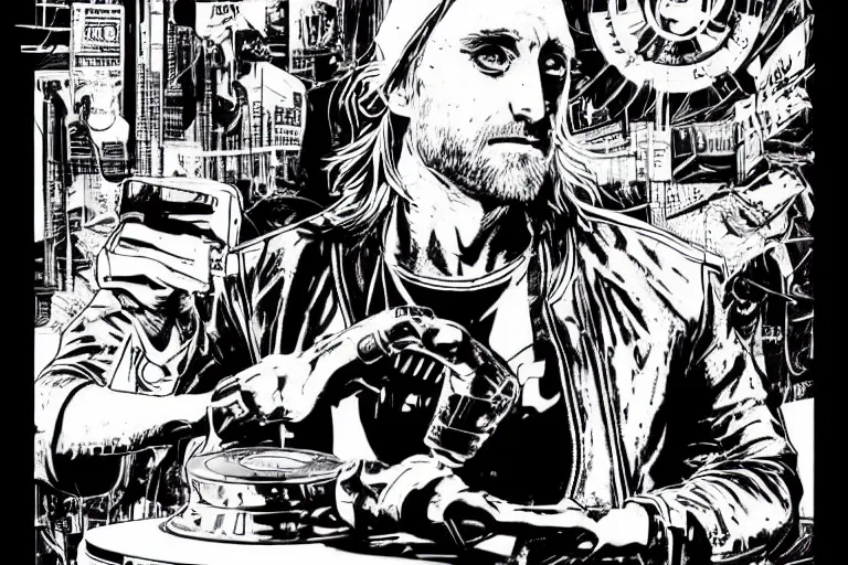 Image similar to david guetta djing with a turntable, a page from cyberpunk 2 0 2 0, style of paolo parente, style of mike jackson, adam smasher, johnny silverhand, 1 9 9 0 s comic book style, white background, ink drawing, black and white