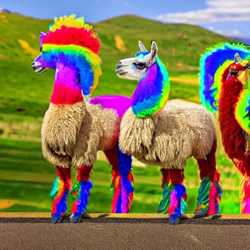 Image similar to 3 rainbow llamas standing around a crt monitor, 8 k