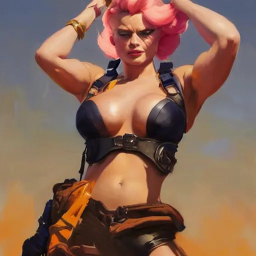 Image similar to greg manchess portrait painting of margot robbie as zarya from overwatch, medium shot, asymmetrical, profile picture, organic painting, sunny day, matte painting, bold shapes, hard edges, street art, trending on artstation, by huang guangjian and gil elvgren and sachin teng