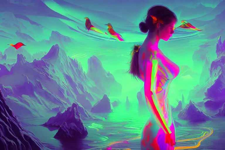 Prompt: wide wide photo of surreal beautiful beautiful woman (((dynamic neon lighting)) in chromatic dmt trippy lake with glowing birds, mountains, elegant, highly detailed, sharp focus, illustration, beautiful, geometric, trending on artstation, cinematic, artwork by Tran, Ross and Aivazovsky, Ivan