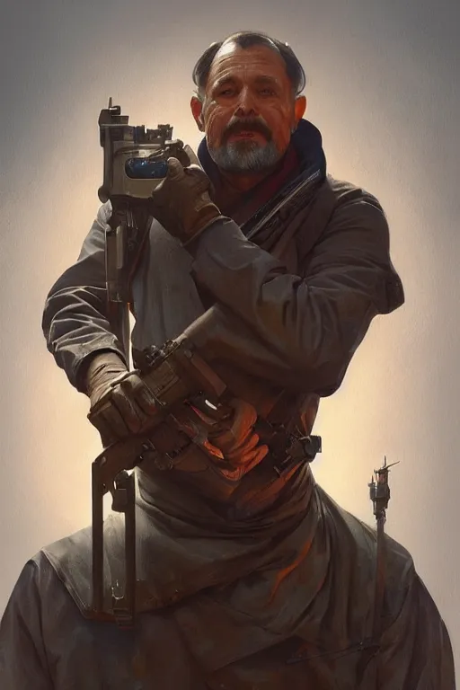 Image similar to a middle aged man as an artillery shell, realistic painting, symmetrical, highly detailed, digital painting, artstation, concept art, smooth, sharp focus, illustration, cinematic lighting, art by artgerm and greg rutkowski and alphonse mucha