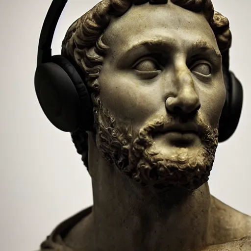 Image similar to A photo of Michelangelo's sculpture of David wearing headphones djing