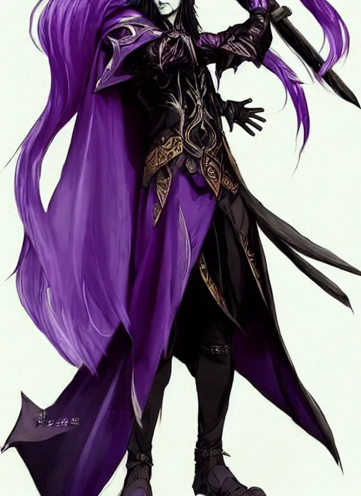 Prompt: Full body portrait of a handsome elven aristocrat with long black hair wearing purple mage robe. In style of Yoji Shinkawa and Hyung-tae Kim, trending on ArtStation, dark fantasy, great composition, concept art, highly detailed, dynamic pose.