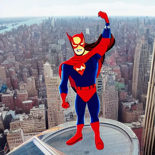 Prompt: superhero captain chuckles stood on the top of a building overlooking new york, marvel style