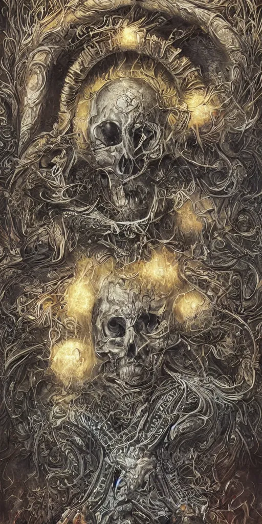 Prompt: A beautiful detailed sun god tarot card frame super realistic illustration of 2D render, by tomasz alen kopera and Justin Gerard, symmetrical features, ominous, magical realism, texture, intricate, ornate, royally decorated, skull, skeleton, whirling smoke, embers, red adornements, red torn fabric, radiant colors, fantasy, trending on artstation, volumetric lighting, micro details, 3d sculpture, ray tracing, 8k, anaglyph effect