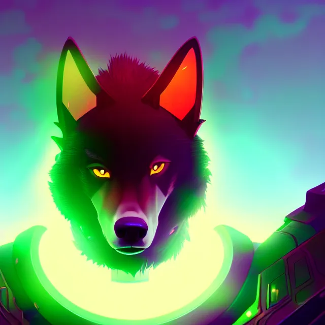 Image similar to portrait of a anthropomorphic black male wolf with long red hair wearing futuristic armor in a futuristic city | | concept art, 4 k, green color scheme, volumetric lighting, highly detailed, by cory loftis trending on artstation
