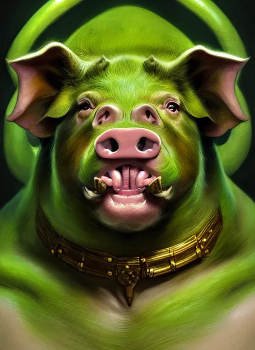 Image similar to portrait of aggressive pig humanoid, d & d, muscular! green, fantasy, intricate, elegant, highly detailed, digital painting, artstation, concept art, smooth, sharp focus, illustration, art by artgerm and greg rutkowski and alphonse mucha