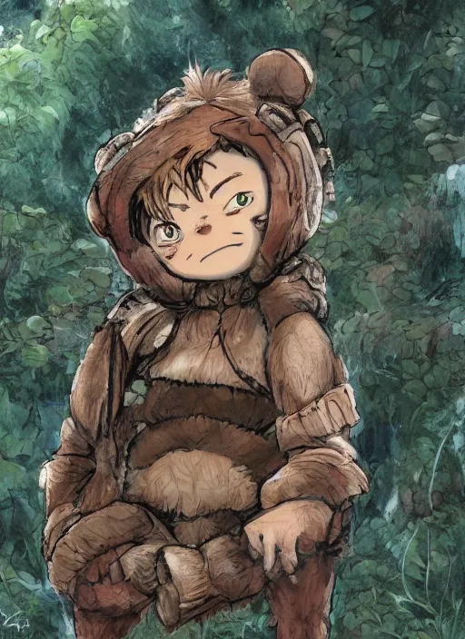 Image similar to beautiful little boy wearing an cyborg bear suit, artwork in kentaro miura and made in abyss and rosdraws, smooth, beautiful lightness, anatomically correct, trending on pixiv, forest