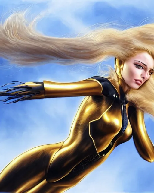 Image similar to golden pencil drawing of beautiful robot - cat woman face, goddess, beautiful blonde hair flying in the wind, hyper realistic face, in the style of greg rutkowski, fantasy, amazing detail, epic, elegant, smooth, sharp focus, from the front