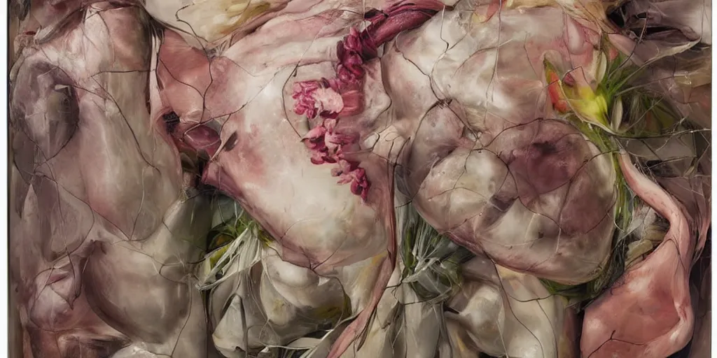 Image similar to a real heart with flowers, inside a screen. Glitchy. By jenny saville