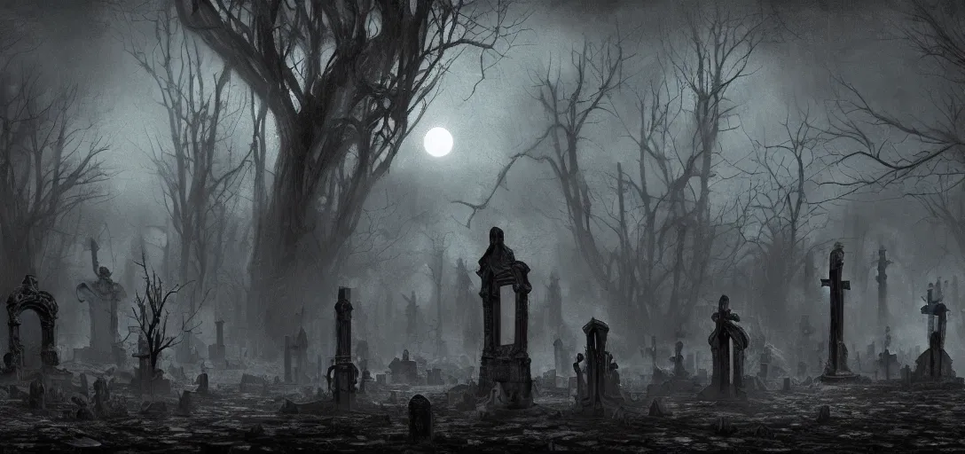 Prompt: A dark and haunted graveyard with Big Evil ghost in the style of Keith Thompson, christopher bretz and kael ngu and Zdzislaw Beksinski, Artstation HD, 8k, Surrealistic digital artwork, highly detailed, digital painting, HDRI, vivid colors, high contrast, 8k resolution, intricate, photorealistic, smooth