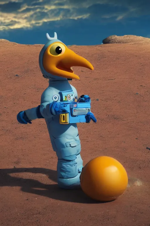 Image similar to a lonely chicken wearing a space suit without helmet in a alien planet, profile picture, digital art, concept art, trending on DeviantArt, highly detailed, high quality, 4K, cartoon, high coherence, path traced, blue sky in the background, octane render, digital painting, no helmet, masterpiece