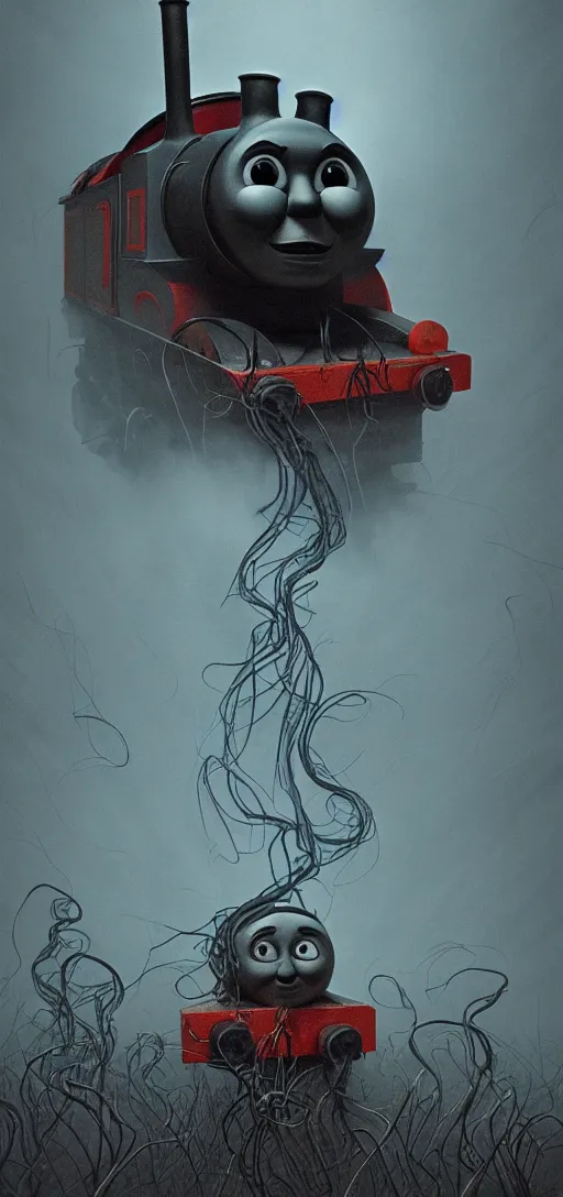 Image similar to thomas the tank engine in style of zdzisław beksinski, extremely dramatic lighting, 8 k, tendrils, black, darkness, black slime tendrils, infected, rust, body horror, thomas the train, thomas the tank engine face, horror,