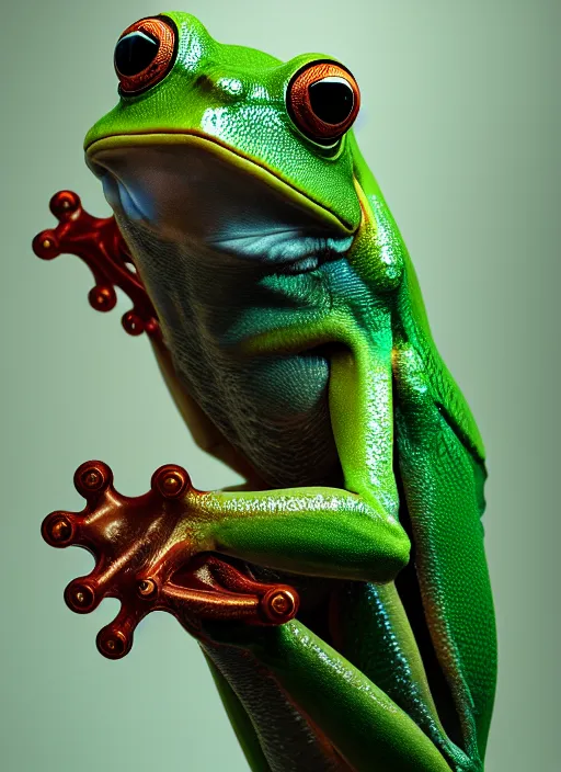 Prompt: studio shot of biomechanical emerald tree frog au naturel, hyper detailed, digital art, trending in artstation, cinematic lighting, studio quality, smooth render, unreal engine 5 rendered, octane rendered, art style by klimt and nixeu and ian sprigger and wlop and krenz cushart