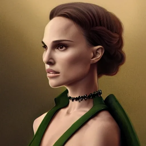 Image similar to Natalie Portman as a Bard, looking at camera, D&D, choker on neck, stylish green dress, intricate, elegant, stylish, serious expression, extremely detailed, digital painting, artstation, concept art, smooth, sharp focus, illustration, stunning lighting, art by artgerm and greg rutkowski and alphonse mucha and simon stalenhag