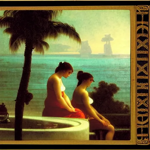 Image similar to Silhouette of two girls at the palace, thunderstorm, greek pool, beach and palm trees on the background major arcana sky, by paul delaroche, alphonse mucha and arnold böcklin arnold böcklin hyperrealistic 8k, very detailed