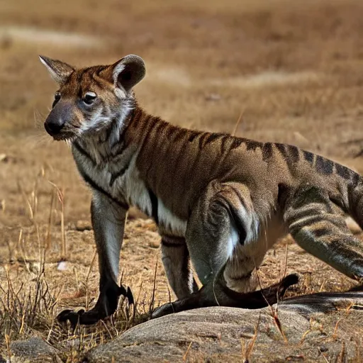 Prompt: dynamic photos of a tasmanian tiger, National Geographic animal pictures, sharp detail, shallow depth of field