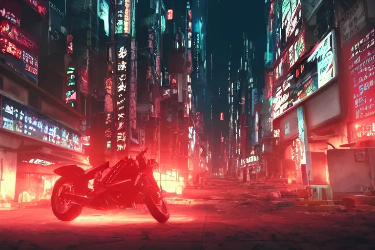 Image similar to 3d render of Akira movie, in front of a dilapidated advanced cyberpunk city at night, lit up by the streetlights and electronic billboards, 4k, Unreal Engine, octane render