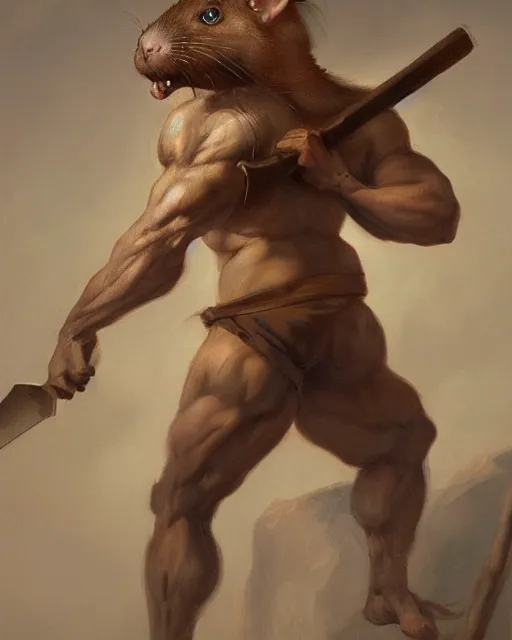 Image similar to baroque portrait of a male were-rat. he is very muscular. he is holding an axe. 4K trending on artstation by peter mohrbacher