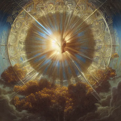 Prompt: iris of god, creation of animals, ellen jewett, beautiful surreal palatial pulsar at dawn, creation of the world, let there be light, light separated from dark, genesis, gustave dore, ferdinand knab, jeff easley