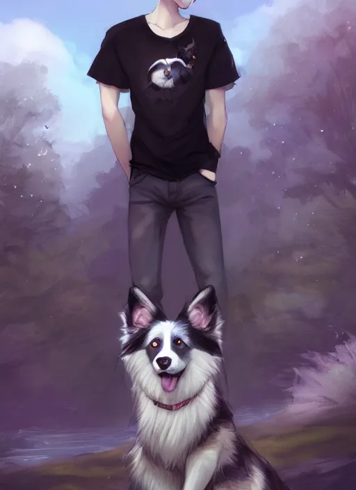 Image similar to wide angle beautiful full body portrait of a cute male anthropomorphic border collie fursona wearing a t - shirt and posing in front of a park, character design by charlie bowater, henry asencio, and ross tran, furry art, furaffinity, scenic background, beautiful, glamor pose, detailed, trending on artstation