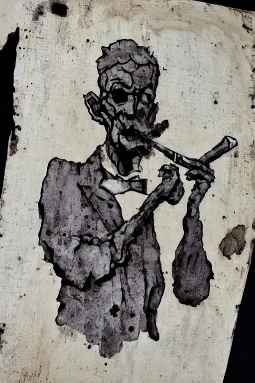 Prompt: portrait of a horrid man smoking a pipe, driftwood sculpture, ink wash, ink blot, cool tones, classical sculpture, on canvas, india ink, moody, gothic