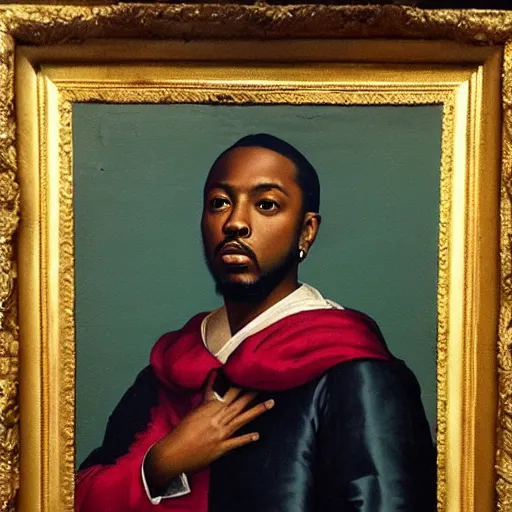 Image similar to a renaissance style portrait painting of kendrick lamar