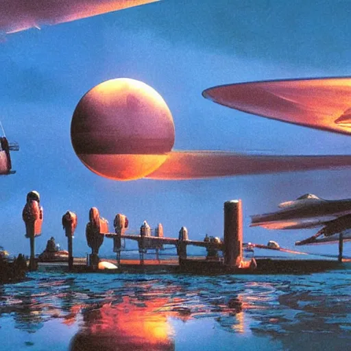 Image similar to Water world planet in the clouds, cinematic angle, cinematic lighting, blue sky, sun in the sky, by Syd Mead, John Harris, Federico Pelat