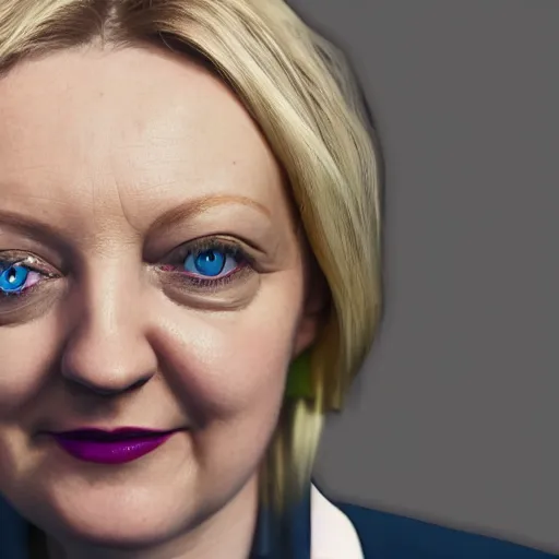 Prompt: A high-quality photo of Liz Truss as a lizard person, slit pupils, scales, human-animal hybrid, trending on artstation, hyperrealistic