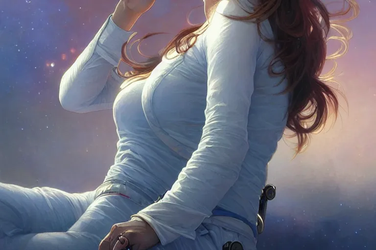 Image similar to Sensual good looking pale young Indian doctors wearing jeans in a space station above Earth, portrait, elegant, intricate, digital painting, artstation, concept art, smooth, sharp focus, illustration, art by artgerm and greg rutkowski and alphonse mucha