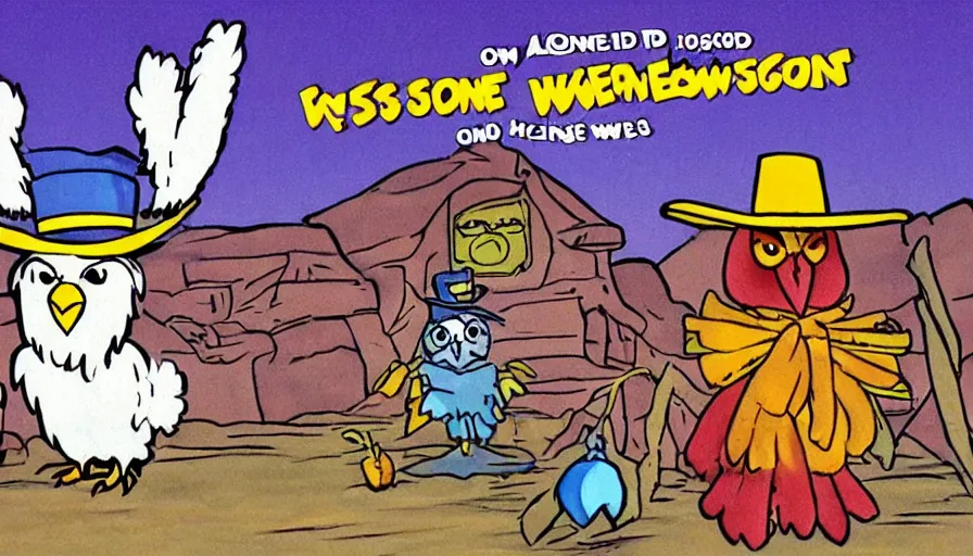 Image similar to 1990s cartoon show screenshot from the animated show an Owl dressed up as the lone ranger in the wild west