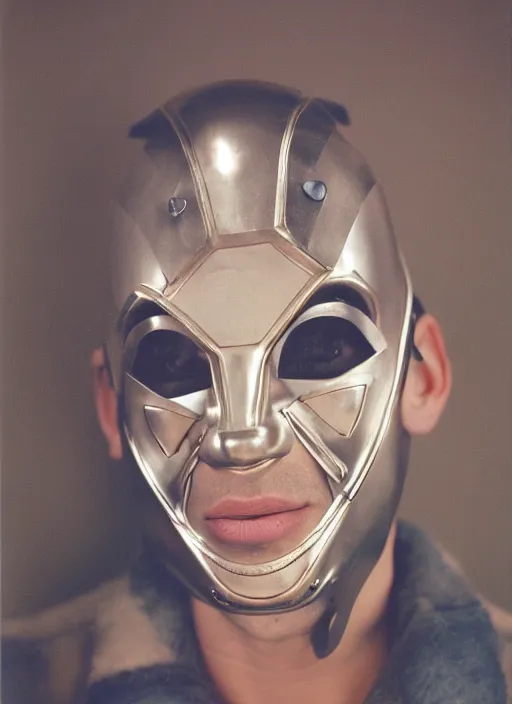 Prompt: a fashion portrait photograph of a man wearing a metal mask designed by thierry mugler, 3 5 mm, color film camera,