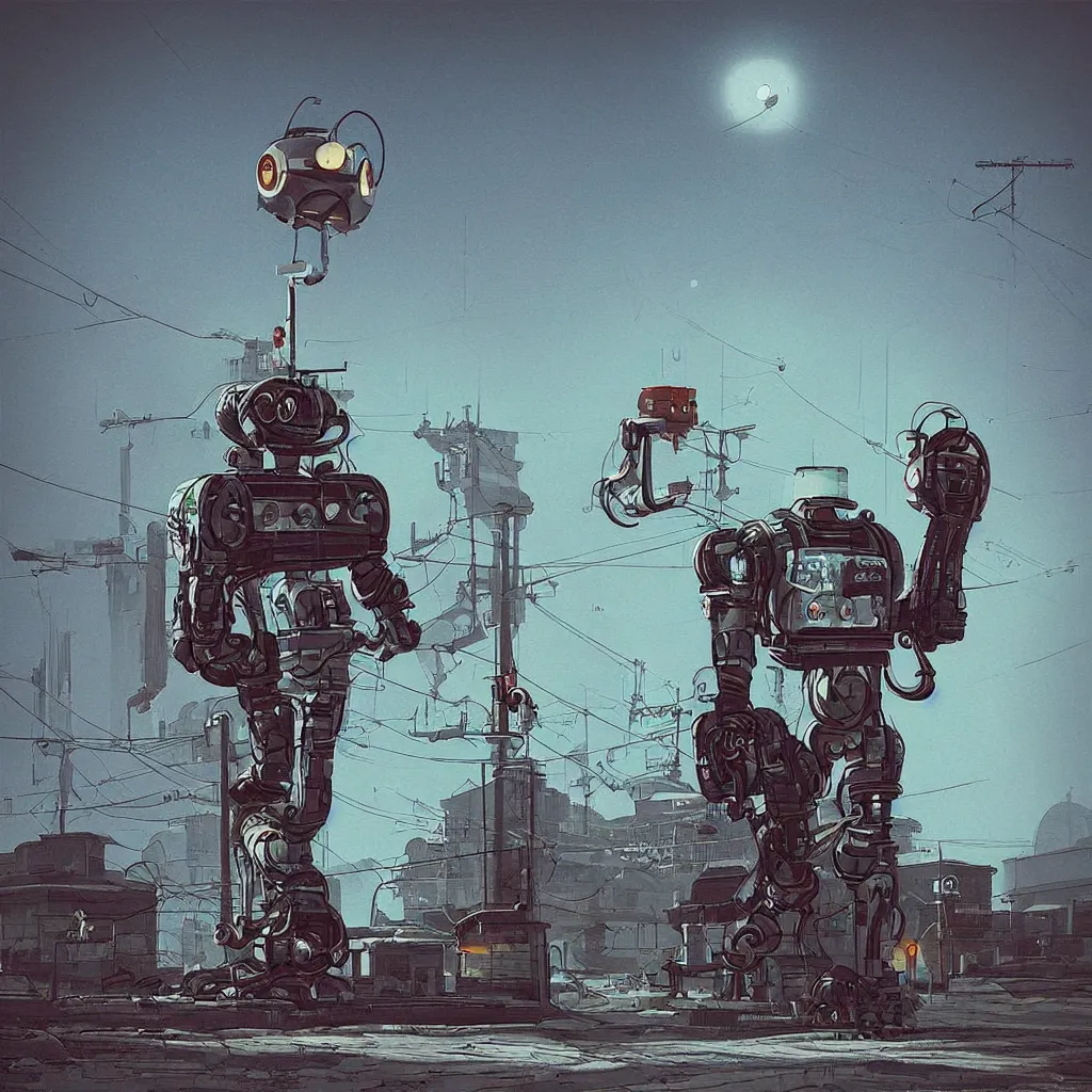 Image similar to “ retrofuturistic robot in norilsk panel houses in style of simon stalenhag ”