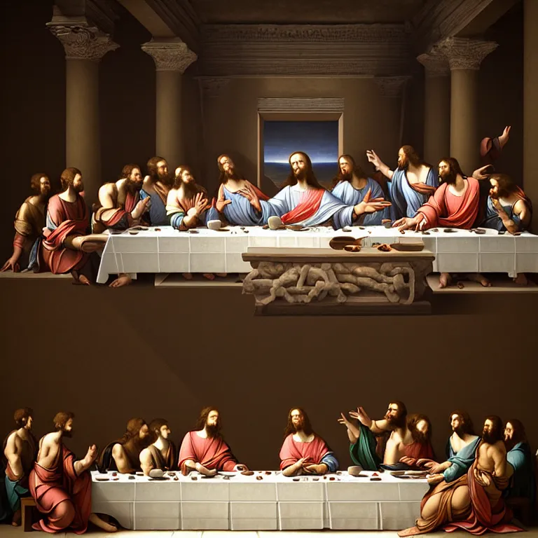 Prompt: The last supper in ancient Greek temple, dream-like atmosphere, symmetrical baroque painting, perfect composition, beautiful detailed intricate insanely detailed octane render trending on Artstation, 8K artistic photography, photorealistic, soft natural volumetric cinematic perfect light, chiaroscuro, award-winning photograph, masterpiece, Raphael, Caravaggio, Greg Rutkowski, Beeple