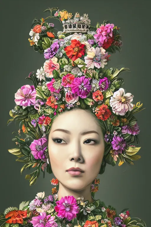 Image similar to a beautiful portrait of an empress in her garden, with a brilliant, impossible striking big flower headpiece, clothes entirely made out of flowers, symmetrical, closeup, dramatic studio lighting, rococo, baroque, jewels, asian, hyperrealism, D&D, fantasy, intricate, elegant, highly detailed, digital painting, artstation, octane render, 8k, concept art, matte, sharp focus, illustration, art by Artgerm and Greg Rutkowski and Alphonse Mucha