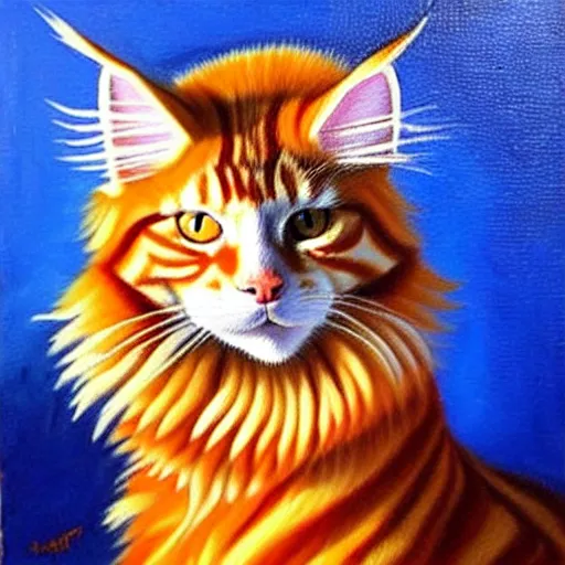 Image similar to beautiful oil painting of an orange maine - coon with a white beard. wearing a white sombrero