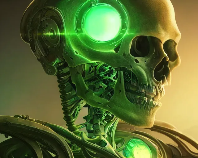 Image similar to portrait of a cybernetic skeleton, bottom up green lighting, deep focus, d & d, fantasy, intricate, elegant, highly detailed, digital painting, artstation, concept art, matte, sharp focus, illustration, hearthstone, art by artgerm and greg rutkowski and alphonse mucha