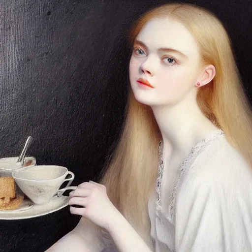 Prompt: Painting of Elle Fanning at a cafe, long blonde hair, delicate, pale milky white porcelain skin, by Ramon Casas. 8K. Extremely detailed.