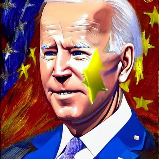 Image similar to a potrait of joe biden, he is wearing a golden crown, he is wearing a blue outfit with yellow stars across it, hyper realistic painting, high detail, thick brush strokes, visible paint layers.