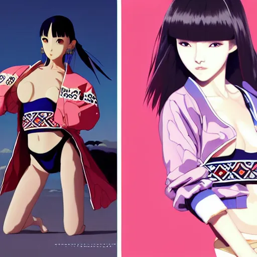 Image similar to a beautiful japanese natalie portman gravure model, wearing oversized native designer bomber jacket and leotard, bulky poofy bomber jacket with mesoamerican patterns, mesoamerican native street fashion, gapmoe yandere grimdark, trending on pixiv fanbox, painted by greg rutkowski makoto shinkai takashi takeuchi studio ghibli, akihiko yoshida