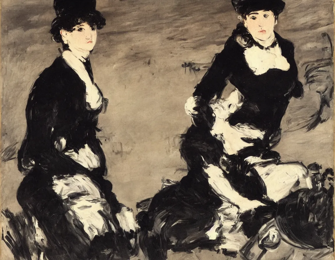 Image similar to edouard manet. a wide portrait of a woman all dressed in black, she is in profile turned her head towards the camera. seated on a dark motorcycle on a highway. there is another motorcycle blurred in the background. unprecise brush strokes. expressive. emotional.