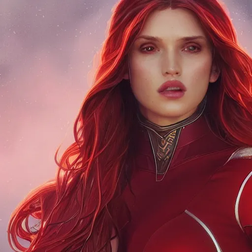 Image similar to full figure ultra realistic illustration, bella thorne as scarlet witch, intricate, elegant, highly detailed, digital painting, artstation, concept art, smooth, sharp focus, illustration, art by artgerm and greg rutkowski and alphonse mucha