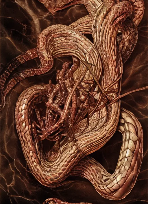 Image similar to portrait of a demonic snake with translucent skin, visible muscles and veins and arteries and bones and spines and nerves, beautiful detailed intricate insanely detailed octane render, 8k artistic photography, photorealistic, chiaroscuro, by David Cronenberg, Raphael, Caravaggio